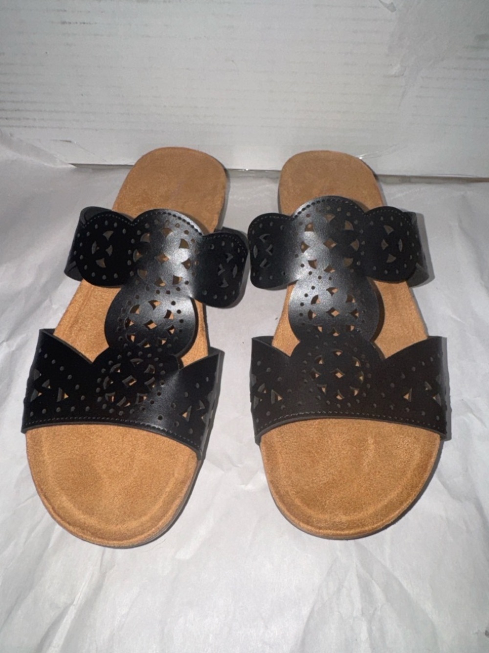Easy Spirit Black Laser-Cut Double-Strap Slide Sandals